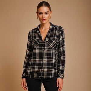 JW Los Angeles Plaid Black and White Women's Button Down Top Size XL
